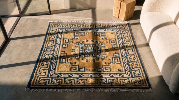 Antique chinese ningxia square small scatter size wool multicolor rug (sku 22579) - styled overhead view