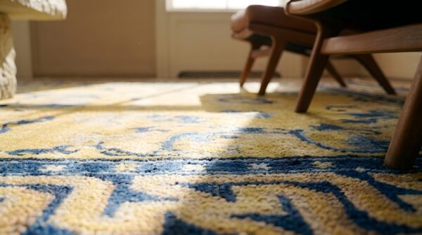 Antique chinese - ningxia wide gallery wool yellow rug 11 Antique chinese - ningxia wide gallery wool yellow rug (sku 23444) - in-room detail