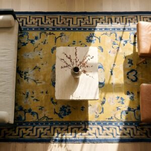Antique Chinese - Ningxia Wide Gallery Wool Yellow Rug (SKU 23444) - styled overhead view