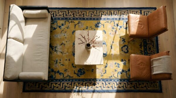 Antique chinese - ningxia wide gallery wool yellow rug 2 Antique chinese - ningxia wide gallery wool yellow rug (sku 23444) - styled overhead view