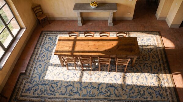 Antique chinese oversized large big wool ivory rug 2 Antique chinese oversized large big wool ivory rug (sku 25505) - styled overhead view