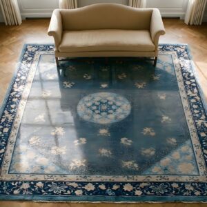Chinese - Peking 1880s Room Size Knotted Rectangle Wool Blue Antique Rug (SKU 25850) - styled overhead view