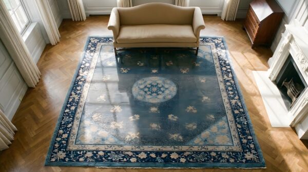 Chinese - peking 1880s room size knotted rectangle wool blue antique rug (sku 25850) - styled overhead view