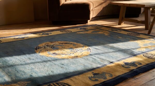 Chinese antique - peking 1890s blue rectangle knotted wool small scatter size rug 7 Chinese antique - peking 1890s blue rectangle knotted wool small scatter size rug (sku 22802) - in-room detail