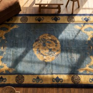 Chinese Antique - Peking 1890s Blue Rectangle Knotted Wool Small Scatter Size Rug (SKU 22802) - styled overhead view