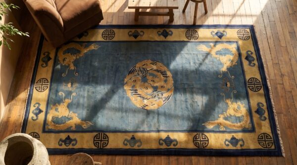 Chinese antique - peking 1890s blue rectangle knotted wool small scatter size rug 2 Chinese antique - peking 1890s blue rectangle knotted wool small scatter size rug (sku 22802) - styled overhead view