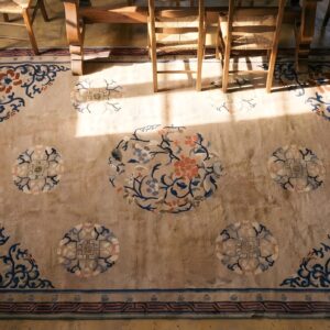 Chinese - Peking 1890s Wool Antique Room Size Knotted Rectangle Ivory Rug (SKU 22812) - styled overhead view