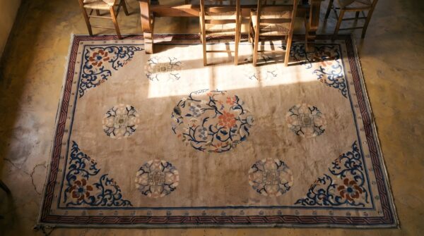 Chinese - peking 1890s wool antique room size knotted rectangle ivory rug 2 Chinese - peking 1890s wool antique room size knotted rectangle ivory rug (sku 22812) - styled overhead view