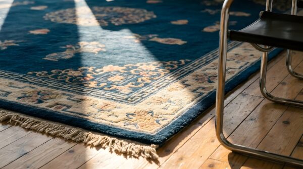 Wool chinese - peking knotted 1930s antique blue room size rectangle rug 9 Wool chinese - peking knotted 1930s antique blue room size rectangle rug (sku 22937) - in-room detail
