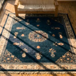 Wool Chinese - Peking Knotted 1930s Antique Blue Room Size Rectangle Rug (SKU 22937) - styled overhead view