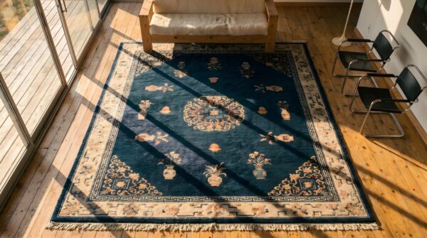 Wool chinese - peking knotted 1930s antique blue room size rectangle rug 2 Wool chinese - peking knotted 1930s antique blue room size rectangle rug (sku 22937) - styled overhead view