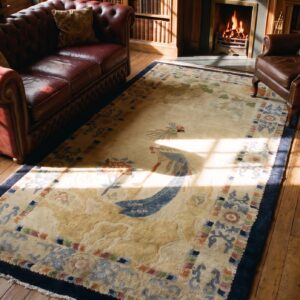 Chinese - Peking Antique 1930s Knotted Ivory Rectangle Small Scatter Size Wool Rug (SKU 25532) - styled overhead view