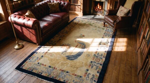 Chinese - peking antique 1930s knotted ivory rectangle small scatter size wool rug 2 Chinese - peking antique 1930s knotted ivory rectangle small scatter size wool rug (sku 25532) - styled overhead view