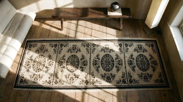 Antique chinese - peking allover floral knotted rug 2 Antique chinese - peking allover floral knotted rug (sku 25219) - styled overhead view
