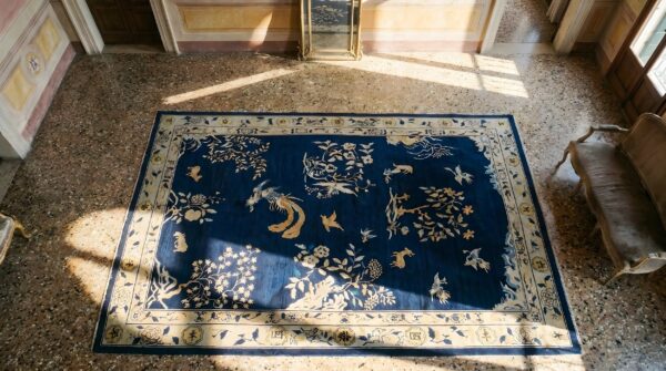 Antique chinese - peking chinese allover floral blue 1880s rug 2 Antique chinese - peking chinese allover floral blue 1880s rug (sku 25190) - styled overhead view