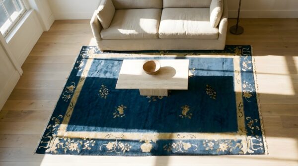 Antique chinese - peking chinese allover floral blue 1920s rug 2 Antique chinese - peking chinese allover floral blue 1920s rug (sku 24872) - styled overhead view