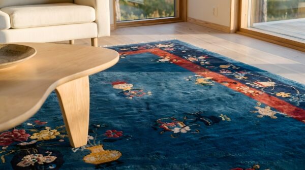 Antique chinese - peking allover floral chinese blue 1920s rug 8 Antique chinese - peking allover floral chinese blue 1920s rug (sku 25205) - in-room detail