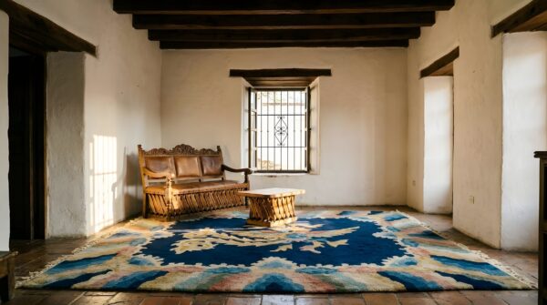 Antique chinese - peking chinese allover geometric blue 1920s square rug 8 Antique chinese - peking chinese allover geometric blue 1920s square rug (sku 25044) - room view