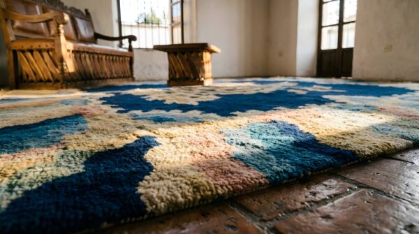 Antique chinese - peking chinese allover geometric blue 1920s square rug 9 Antique chinese - peking chinese allover geometric blue 1920s square rug (sku 25044) - in-room detail
