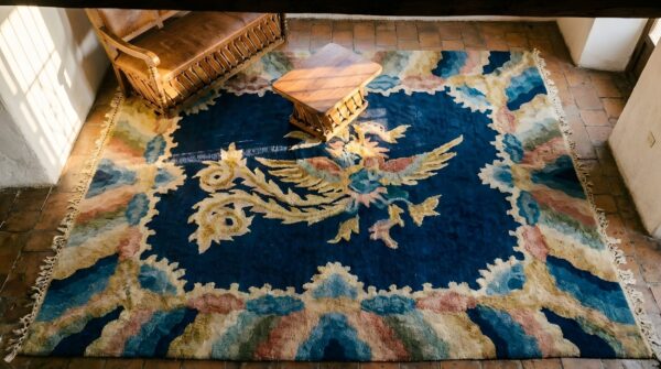 Antique chinese - peking chinese allover geometric blue 1920s square rug 2 Antique chinese - peking chinese allover geometric blue 1920s square rug (sku 25044) - styled overhead view