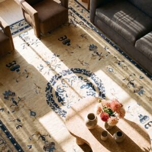 Antique Chinese - Peking Chinese Allover Medallion Knotted Rug (SKU 24854) - styled overhead view