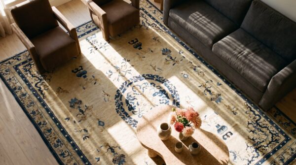 Antique chinese - peking chinese allover medallion knotted rug 2 Antique chinese - peking chinese allover medallion knotted rug (sku 24854) - styled overhead view