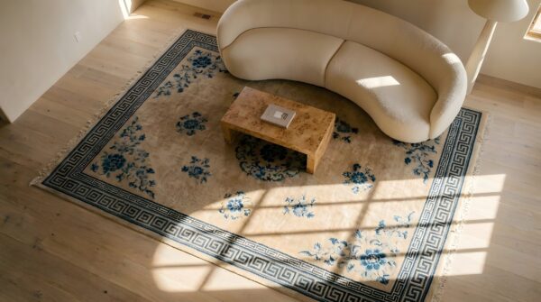 Antique chinese - peking chinese allover medallion ivory 1890s rug (sku 25022) - styled overhead view