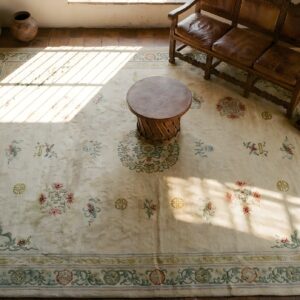 Antique Chinese Peking Big Oversized Light Ivory Color Wool Pile Carpet (SKU 23503) - styled overhead view