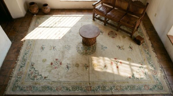 Antique chinese peking big oversized light ivory color wool pile carpet 2 Antique chinese peking big oversized light ivory color wool pile carpet (sku 23503) - styled overhead view