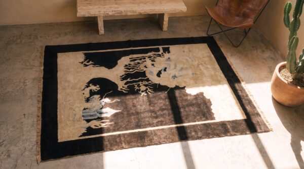 Antique chinese - peking chinese black 1920s rug 2 Antique chinese - peking chinese black 1920s rug (sku 22612) - styled overhead view