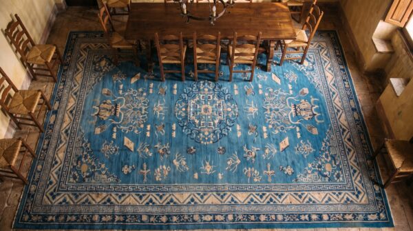 Antique chinese - peking chinese blue 1880s rug (sku 22312) - styled overhead view