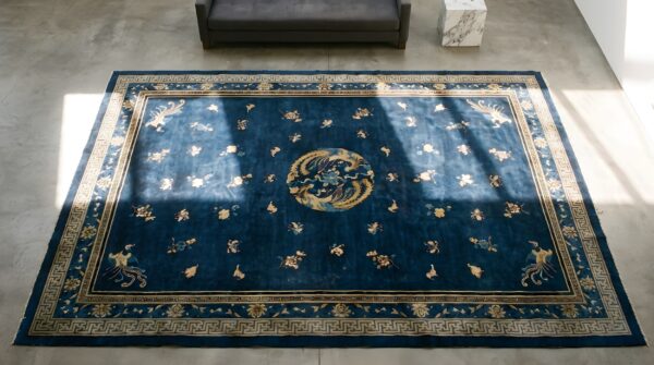 Antique chinese - peking chinese blue 1880s blue rug 2 Antique chinese - peking chinese blue 1880s blue rug (sku 22763) - styled overhead view