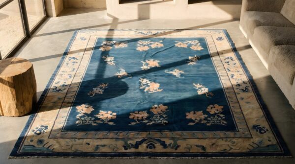 Antique chinese - peking blue 1880s rug 2 Antique chinese - peking blue 1880s rug (sku 22945) - styled overhead view