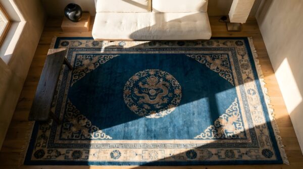 Antique chinese - peking blue 1880s wool rug 2 Antique chinese - peking blue 1880s wool rug (sku 23465) - styled overhead view