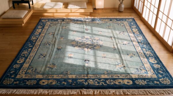 Antique chinese - peking chinese blue 1890s blue rug 2 Antique chinese - peking chinese blue 1890s blue rug (sku 21835) - styled overhead view
