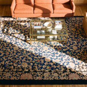 Chinese - Peking Blue Wool Antique 1900s Room Size Rectangle Knotted Rug (SKU 23438) - styled overhead view