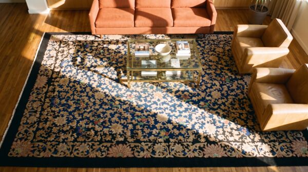 Chinese - peking blue wool antique 1900s room size rectangle knotted rug 2 Chinese - peking blue wool antique 1900s room size rectangle knotted rug (sku 23438) - styled overhead view