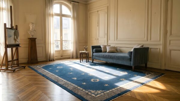 Chinese - peking blue room size antique knotted rectangle 1890s wool rug 12 Chinese - peking blue room size antique knotted rectangle 1890s wool rug (sku 24743) - room view