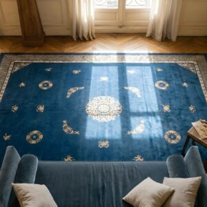 Chinese - Peking Blue Room Size Antique Knotted Rectangle 1890s Wool Rug (SKU 24743) - styled overhead view