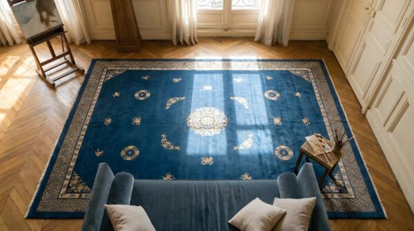 Chinese - peking blue room size antique knotted rectangle 1890s wool rug 2 Chinese - peking blue room size antique knotted rectangle 1890s wool rug (sku 24743) - styled overhead view