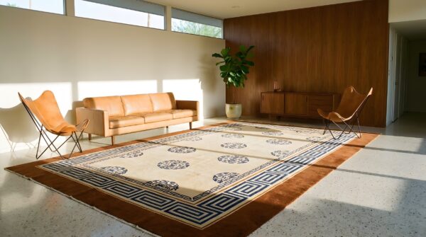 Antique chinese peking carpet 8'×13'6" ivory field, fox brown border, notable kangxi style, 19th century (sku 19436) - room view