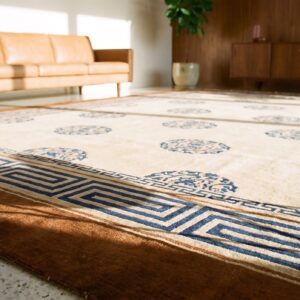 Antique Chinese Peking Carpet 8'×13'6" Ivory Field, Fox Brown Border, Notable Kangxi Style, 19th Century (SKU 19436) - in-room detail