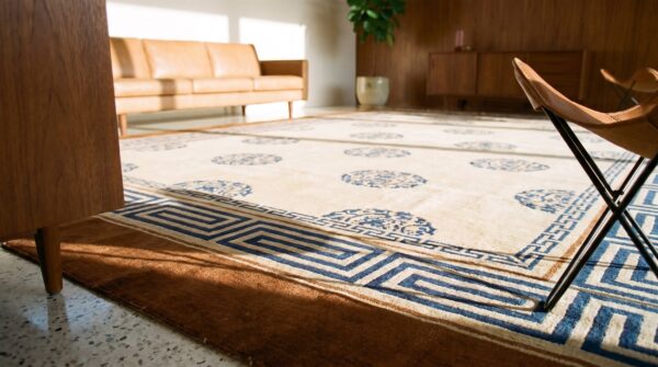 Antique chinese peking carpet 8'×13'6" ivory field, fox brown border, notable kangxi style, 19th century (sku 19436) - in-room detail