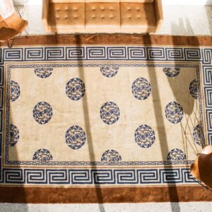 Antique Chinese Peking Carpet 8'×13'6" Ivory Field, Fox Brown Border, Notable Kangxi Style, 19th Century (SKU 19436) - styled overhead view