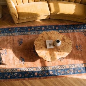 Antique Chinese Peking Coral Wool Hallway Runner Rug (SKU 25487) - styled overhead view