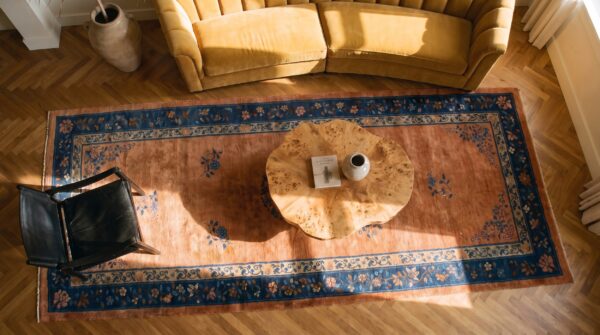 Antique chinese peking coral wool hallway runner rug 2 Antique chinese peking coral wool hallway runner rug (sku 25487) - styled overhead view