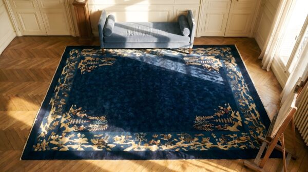 Antique chinese - peking chinese floral knotted rug 2 Antique chinese - peking chinese floral knotted rug (sku 25040) - styled overhead view