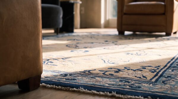 Antique chinese peking wool pile hand knotted floral medallion rug 9 Antique chinese peking wool pile hand knotted floral medallion rug (sku 23447) - in-room detail