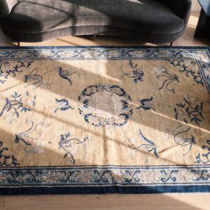 Antique Chinese Peking Wool Pile Hand Knotted Floral Medallion Rug (SKU 23447) - styled overhead view