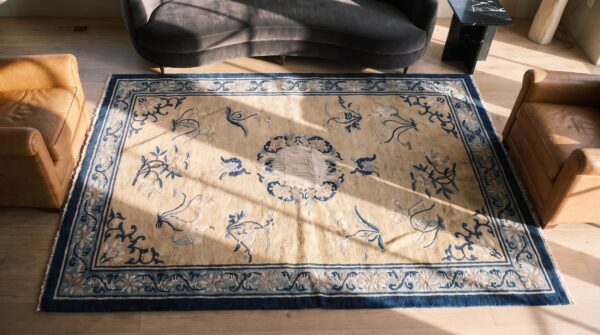 Antique chinese peking wool pile hand knotted floral medallion rug 2 Antique chinese peking wool pile hand knotted floral medallion rug (sku 23447) - styled overhead view